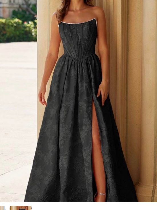 Stacees Dresses & Skirts - Strapless Black Jacquard Evening Gown with Side Slit